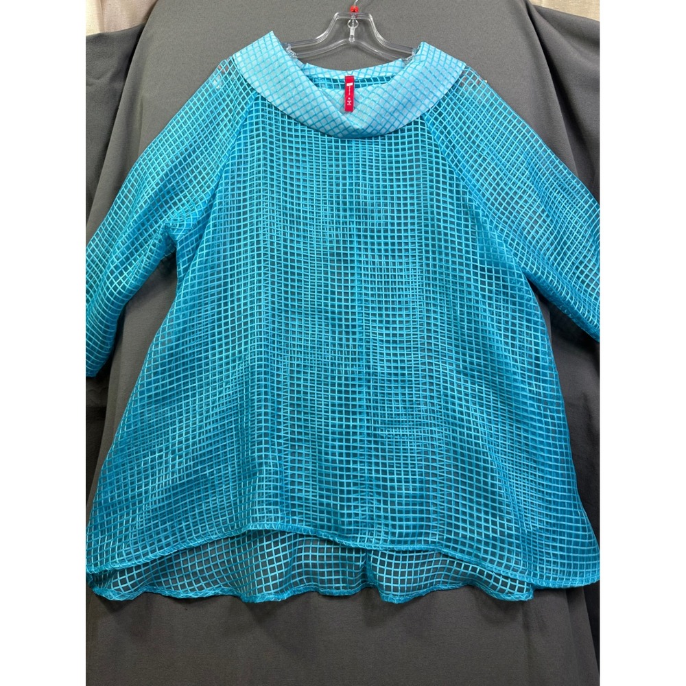 IC Collection Turquoise Blue Sheer Mesh Grid Cowl Neck High Low Top XL USA